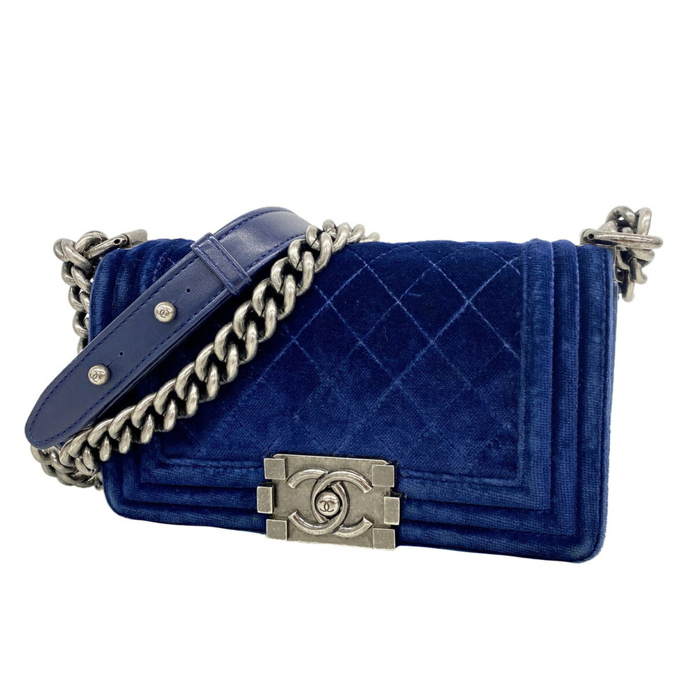 Chanel Boy Chain Shoulder Bag, Suede, Navy, Women's, OP018925